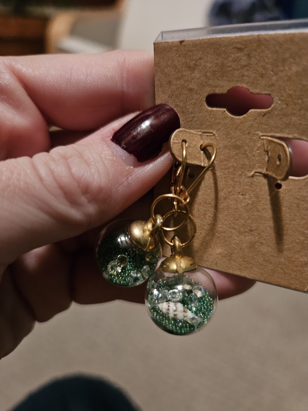 Gold-Tone Glass Globe Earrings with Green Sand, Shell Accents -  Mermaid/Coastal
